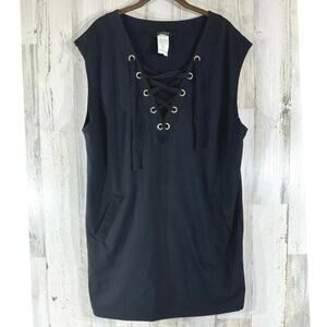 LRL Lauren Ralph Lauren Black Lace Up Shirt‎ Size Medium Sleeveless Pockets